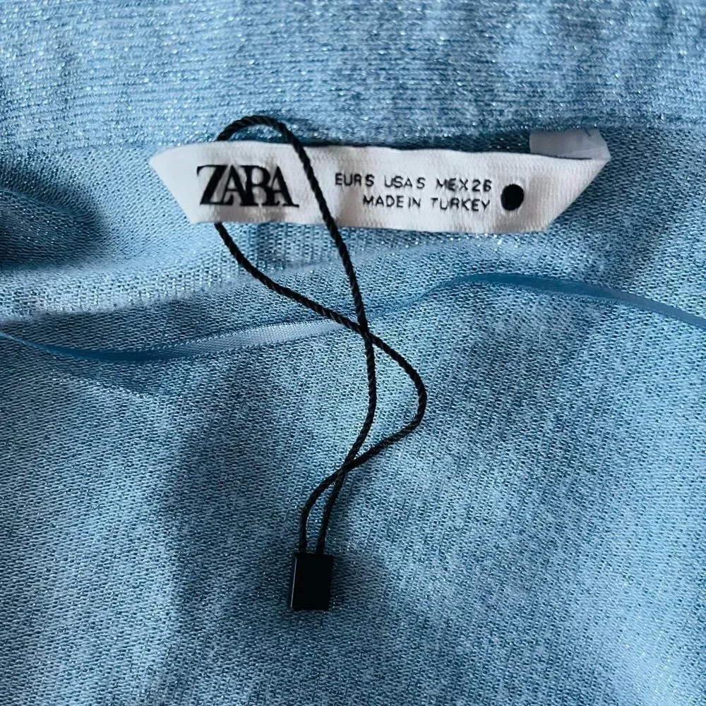 NWOT ZARA Sparkle Ruched Button Front Cutout Long Sleeve Blouse Light Blue Sz S